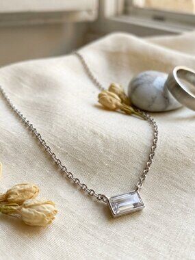 NWT Lauren Ralph Lauren Silver Necklace Emerald Cut CZ Solitaire